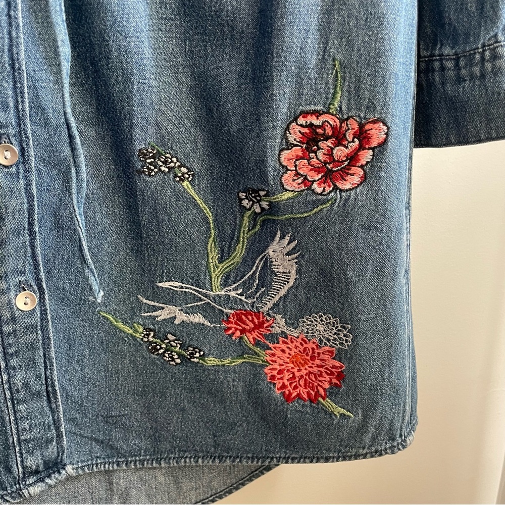 Boho Embroidered Denim Dress 100% Cotton Draw String Waist Long Sleeves size 4 - Picture 3 of 9